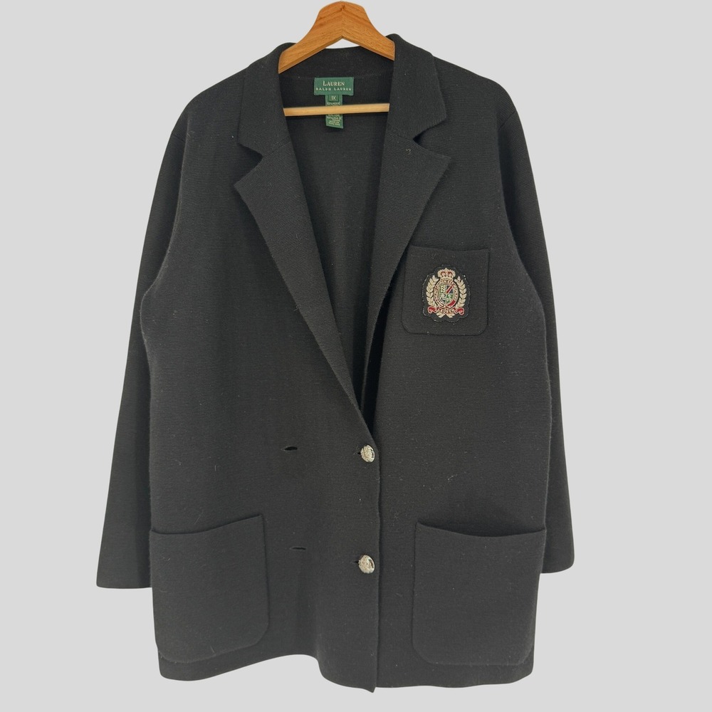 Lauren Ralph Lauren Crest Sweater Blazer 1X Merino Wool Black Preppy Old Money
